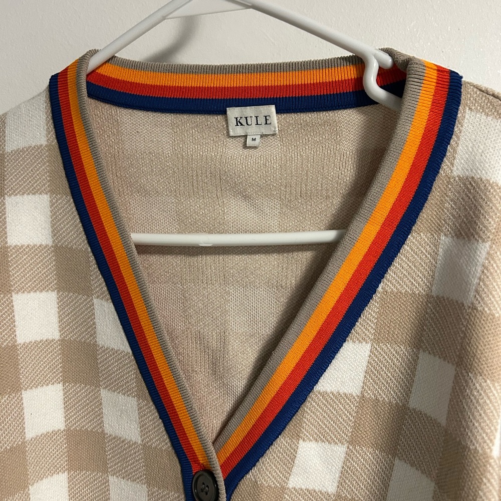 KULE Beige and White Checkered Cardigan with Vibrant Trim - Picture 3 of 5